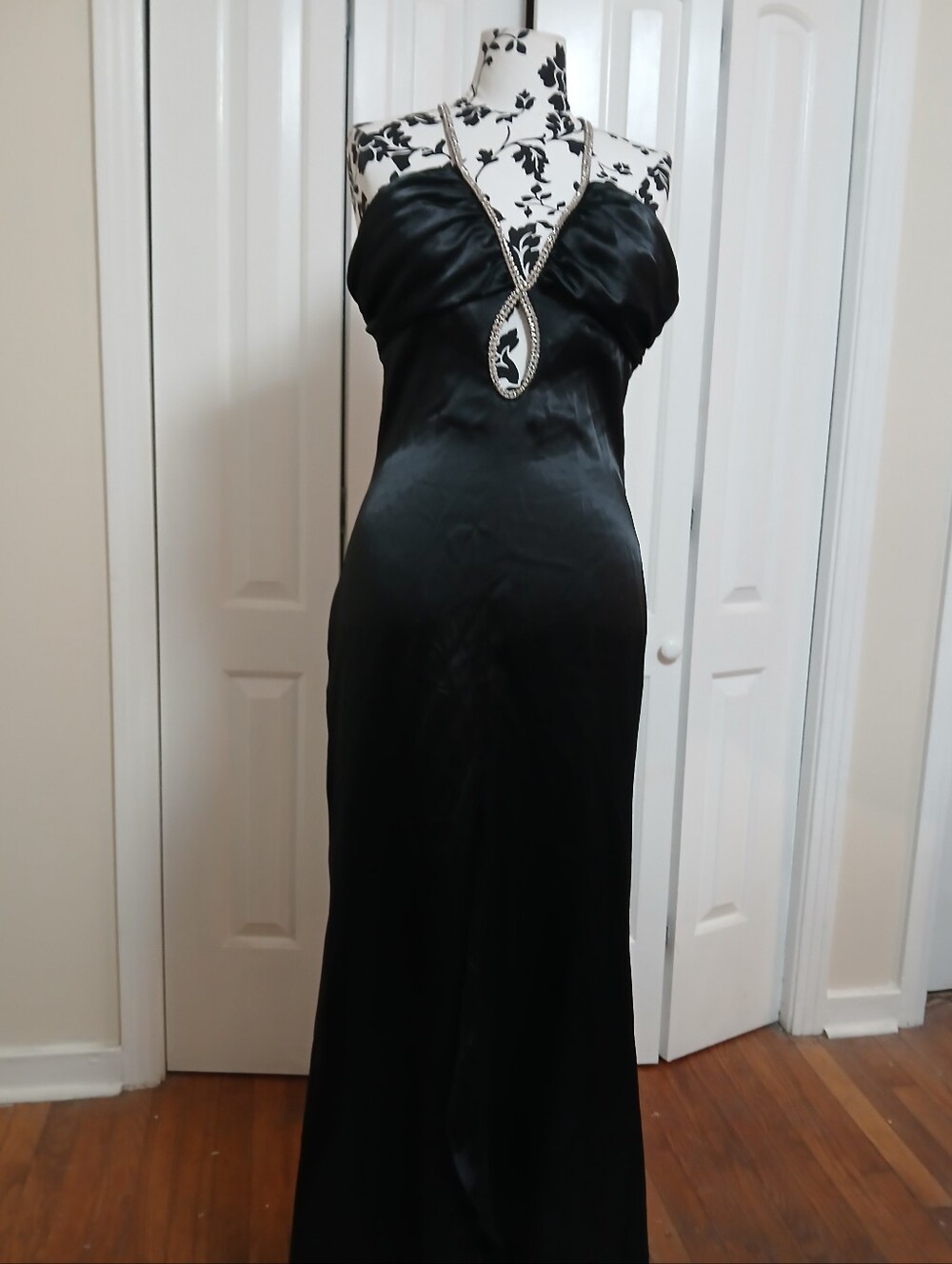 Cinderella Black Satin Rhinestone Halter Evening Gown